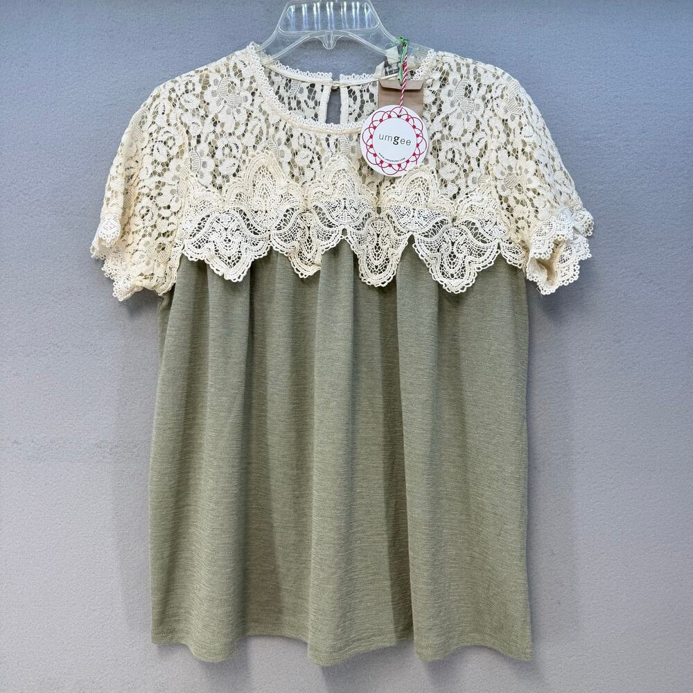 Umgee Top Women's S Cream Lace Sage Green Oversized Business Casual NWT
